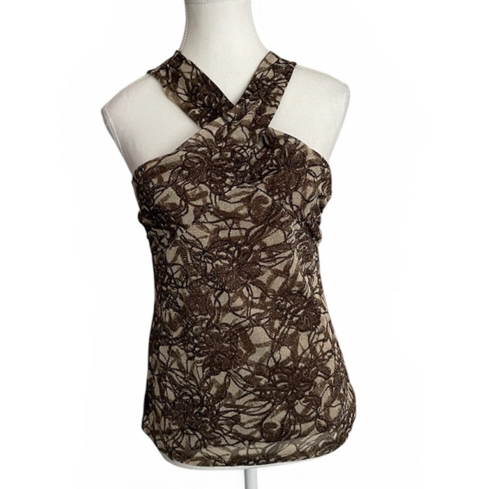 Ann Taylor Brown Mesh Lace Cross Front Top